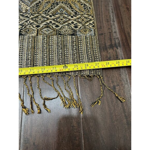 Pashmina Shawl Intricate Gold Black Geometric Patterns Fringe - Picture 6 of 8